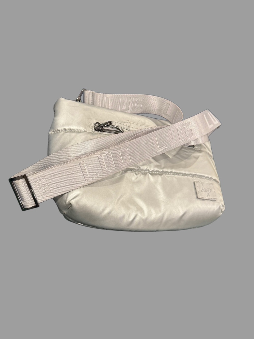 Lug Moonwalk Crossbody Bag Metallic Silver Purse Quilted Zip Logo